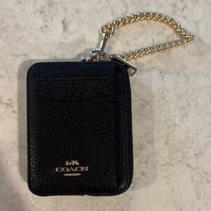 COACH women’s Black Leather Card Case with Gold Chain